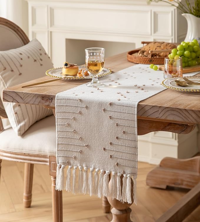 Boho Table Runner 13 x 60 Inch Long Natural Cotton Woven Runner - Image 2