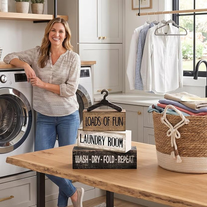 Moucuny 4 Pcs Farmhouse Laundry Room Decor and Accessories Stacked Blocks Loads - Image 4