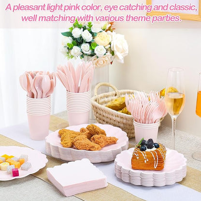 Light Pink Scalloped Paper Plates Shell Edge Disposable Tableware Cocktail Napkins Cups Plastic Spoons Forks Knives for Wedding Baby Shower Picnic Birthday Party Supply for 50 Guests
