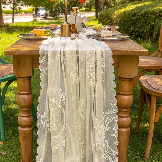 vctops Beige Lace Table Runner 120 inch 10FT Floral Embroidered Boho Farmhouse - Image 5