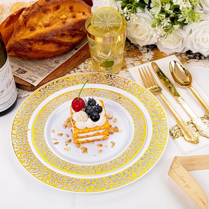 bUCLA 350PCS Gold Plastic Plates Disposable - Image 4