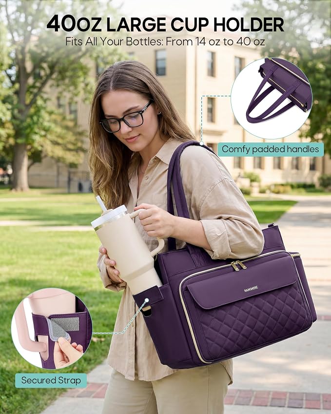 RAINSMORE Teacher Bag for Women, 15.6" Laptop Work Tote, 40oz Cup Holder | - Image 4