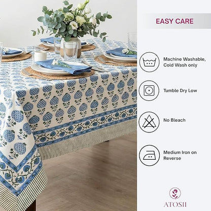 ATOSII Roma Blue 100% Cotton Boho Square Fall Tablecloth, Handblock Floral Print Table Cloth Linen for Kitchen Dining I Parties, Outdoors, Weddings, Christmas, Thanksgiving Decor 60 X 60 Inches