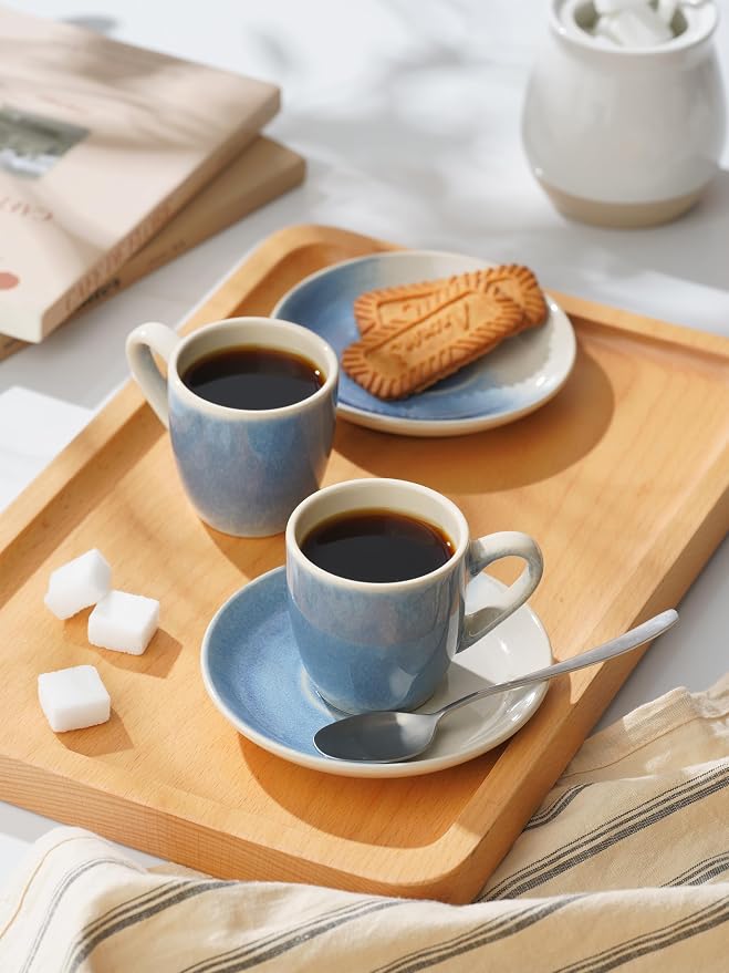 famiware 3oz Espresso Cups and Saucers, Azure Blue | Ceramic Small Coffee Mug - Image 6