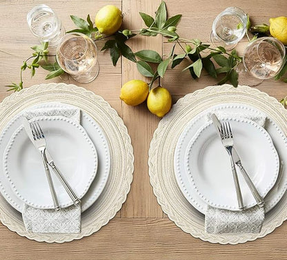 SHACOS Round Placemats Set of 4 Boho Braided Border Place Mats for Dining Tables Wedding Holiday Party (Ivory Bordered, 4)