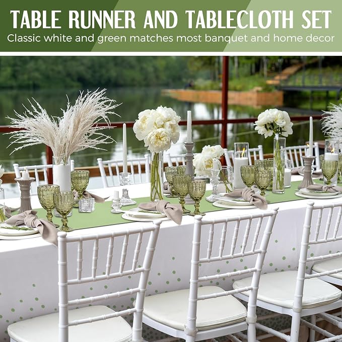 8 Pack White and Sage Green Disposable Plastic Tablecloths and Satin Table - Image 5