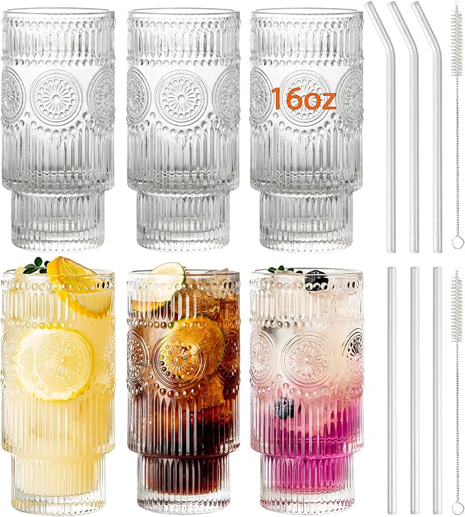 SoulTimes 6 Pack Large 16oz Ribbed Glassware Set, by SoulTimes