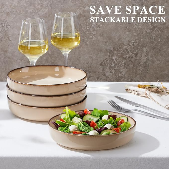 E-far Stoneware Pasta Bowls Set of 4, 35oz Double Reactive Glaze | Wide & - Image 4