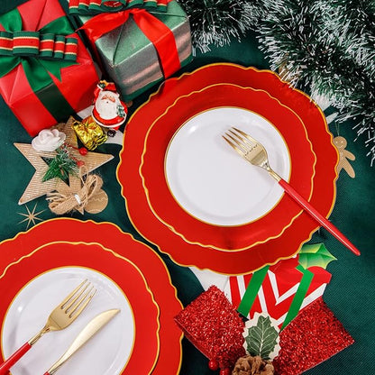 WDF 30Guest Red Plastic Plates - Gold Plastic Silverware With Red Handle - Red Plates Disposable- Baroque Plastic Dinnerware for Party Valentine's Day