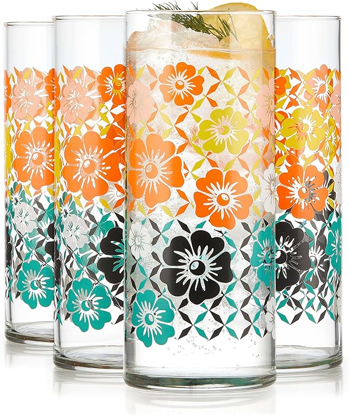 Libbey Vintage Flower Drinking Glasses Set of 4, Retro Floral Design Glass Cups by Libbey