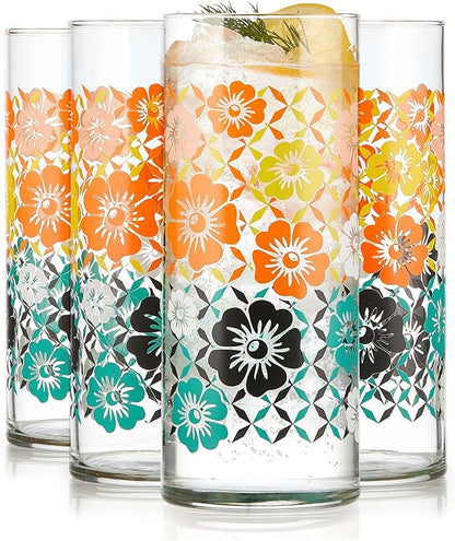 Libbey Vintage Flower Drinking Glasses Set of 4, Retro Floral Design Glass Cups by Libbey