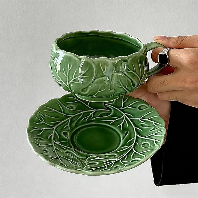 KAMMAK Tea Cups and Saucers Set of 2, 10 oz Porcelain Coffee Cups, SY008 | - Image 4