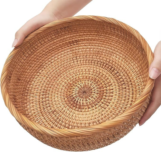 10.2" Large Round Rattan Bread Basket for Fruit, Natural Wicker Fruit Basket for Kitchen Counter, Hand Woven Food Baskets, Bread Baskets for Serving, Fruit, Vegetable, Candy, Nuts, Keys, Wallets, Etc.
