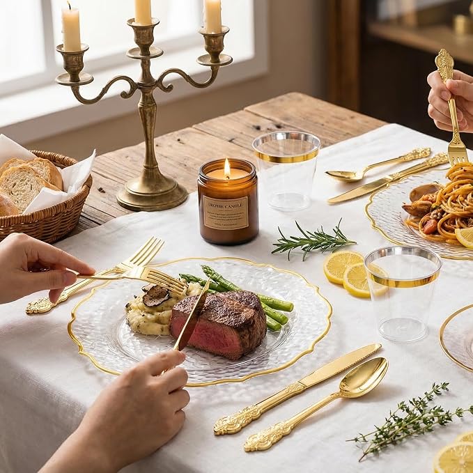 120PCS Gold Plastic Silverware, Vintage Disposable Utensils & Cutlery | 40 - Image 3