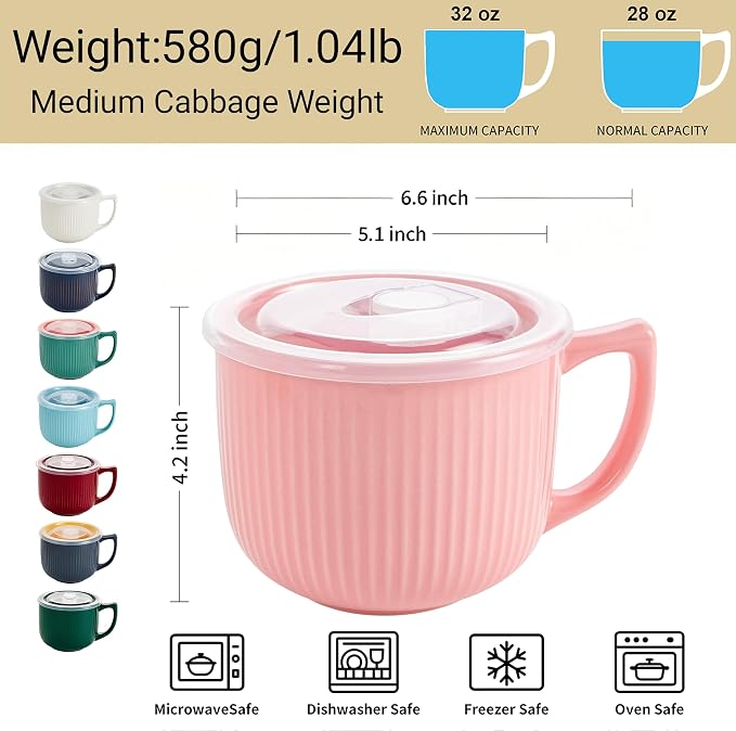 Ceramic Soup Bowl with Handle & Lid, Large 32oz Microwave Ramen Bowl Pink | - Image 2