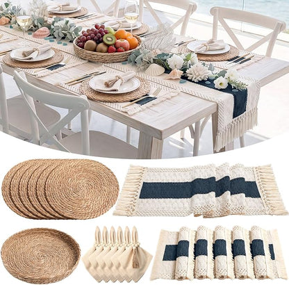 6 Sets Boho Decoration Placemats Round Woven Placemats, Cloth Napkins, Wood by Gandeer