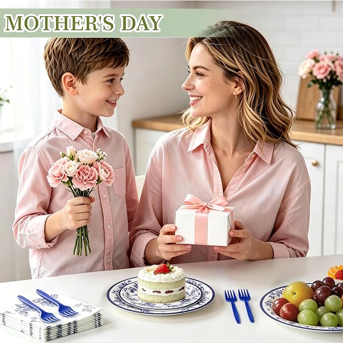 100 Pcs Disposable Blue and White Floral Tableware Set - Image 4