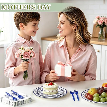 100 Pcs Disposable Blue and White Floral Tableware Set - Image 4