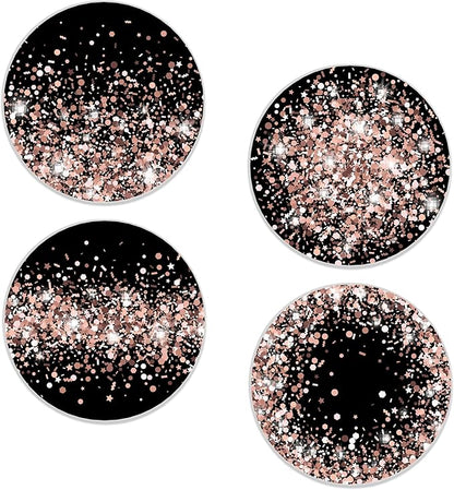 Drinks Coasters Set of 4, Sparkling Rose Gold Glitter Round 4" Cup Coasters, Absorbent Ceramic Stone Coasters with Cork Base, Cute Coasters for Table Home Décor, Ideal Gifts for Women Men