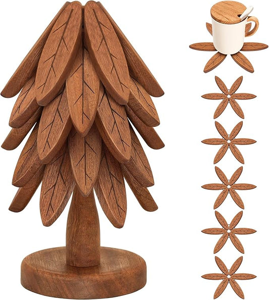 Wooden Trivets for Hot Dishes, Wooden Tree Trivet Set, Tree Coasters - of 5 + 1 Stand stored, Suited for Hots, Pans, Bowl, Teapot, Hot Holders - Multifunctional Ornaments