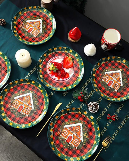 HASENSE Christmas Dinner Plates, 10.5 Inch Ceramic Plates Set of 6, Dinnerware Dish for Kitchen for Steak, Pasta, Pizza, Serving Plate Microwave, Oven and Dishwasher Safe, Holiday Dining Collection