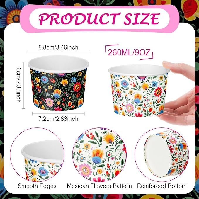 CHENGU 60 Pcs Mexican Colorful Flowers Snack Cups 9 oz Disposable Mexican - Image 2