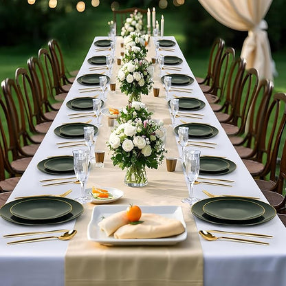 I00000 150Pcs Green Plastic Plates with Gold Rim, Fancy Disposable Plates,Green Plates Set include 30 Dinner Plate,30 Dessert Plate, 90 Plastic Silverware Set for Wedding&Party