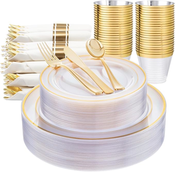 WELLIFE 350PCS Clear-Gold Plastic Plates by WELLIFE