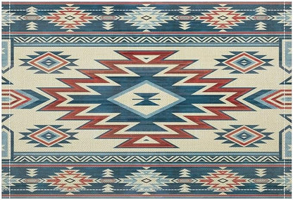Ethnic Aztec Placemat Set, Vintage Bohemian Rustic Farmhouse Blue Red Mystic Native Tribal Geometric Totem Pattern Home Decor Linen Table Mats for Dining Room Kitchen Party (17x12in) x4P