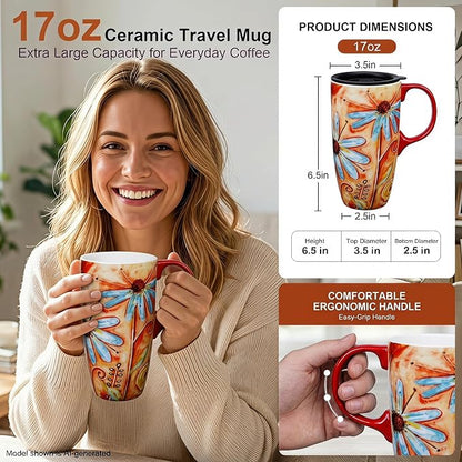 Topadorn 17 oz Ceramic Travel Mug, Colorful Floral Coffee Mug - Image 2