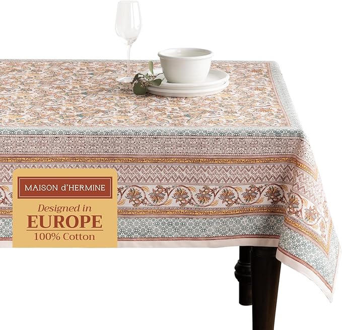 Maison d' Hermine Table Cloth Rectangle Table 100% Cotton 70 x 108 Inches Fall Tablecloth Reusable Everyday Use for Thanksgiving Christmas Decorations Dining Farmhouse Party (Nila)