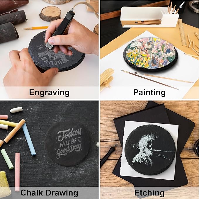 Slate Coasters Set of 24,4-Inch Black Round Stone Drink Coasters with Scratch-Resistant Backing, Durable Tabletop Protection for Home Office Kitchen, Ideal Housewarming Wedding Gifts