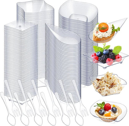 Tessco 800 Pcs Mini Appetizer Plates Set Including 400 Disposable Dessert Plates Assorted Shape 200 Mini Plastic Forks 200 Plastic Spoons for Party(Clear,Classic)