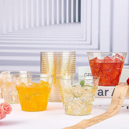 I00000 200pcs Gold Plastic Cups - 9 OZ Hard Gold Glitter Disposable Cups for Cocktail & Drinking - Premium Disposable Plastic Glasses with Gold Glitter for Fancy Wedding Cups Elegant Party Glasses
