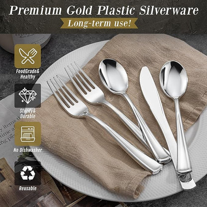 WDF 500PCS Silver Plastic Silverware - Plastic Silver Utensils - 250 Forks 125 Spoons 125 Knives - Heavy Duty Disposable Silverware Sets for Parties Wedding Valentine's Day