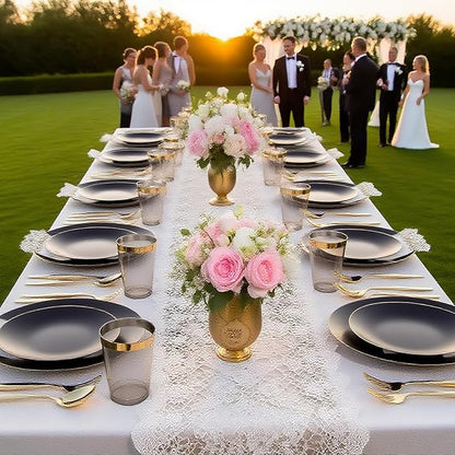 EI 350Pcs Black and Gold Matte Frosted Plastic Plates Disposable Heavy Duty,Dinnerware Set for Party Include 100 Disposable Plates,150 Silverware,50 Napkins,50 Cups for Party/Wedding/Events,Hotel
