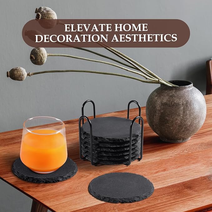 Slate Coasters Set of 8 with Metal Holder, Modern Stone Coasters - Image 5