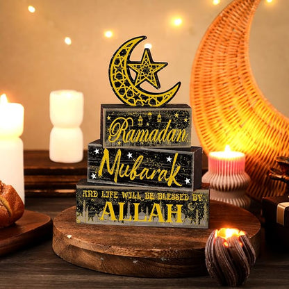 Moucuny 4 Pcs Ramadan Mubarak Table Decor Wooden Eid Mubarak Tabletop Signs - Image 2