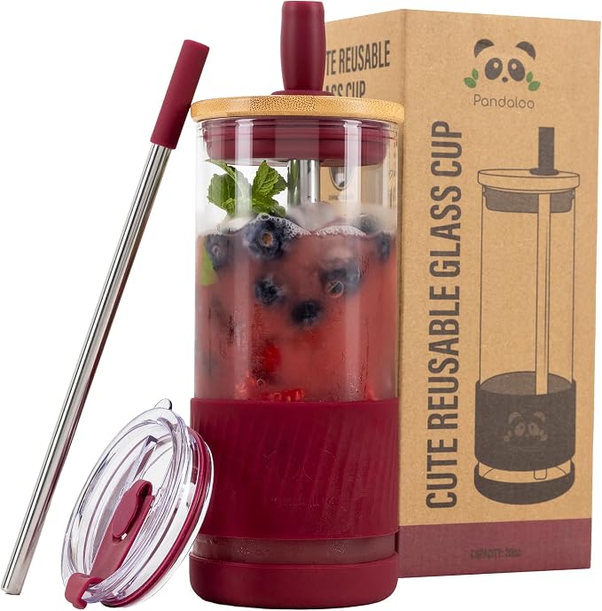Pandaloo® Glass Cups With Lids and Straws -20 Fl Oz- Perfect Size Iced Coffee by Pandaloo