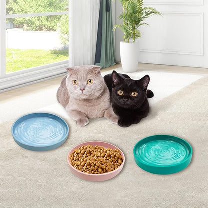 Silicone Dog Bowl Shallow Cat Food Bowls 7" Wide Puppy Plates Whisker Fatigue Pet Feeding Dishes Set of 3 for Dry and Wet Food Indoor (Blue + Pink + Green)