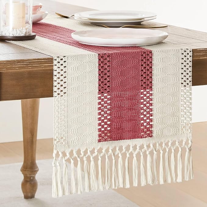 Macrame Style Bicolor Stitching Table Runner 14x48in Dusty Rose | Woven Boho by ZEEMARTONLINE