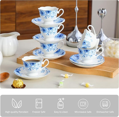 2.5oz Porcelain Demitasse Set of 6, 75ml Espresso Cup | Classic blue floral - Image 3