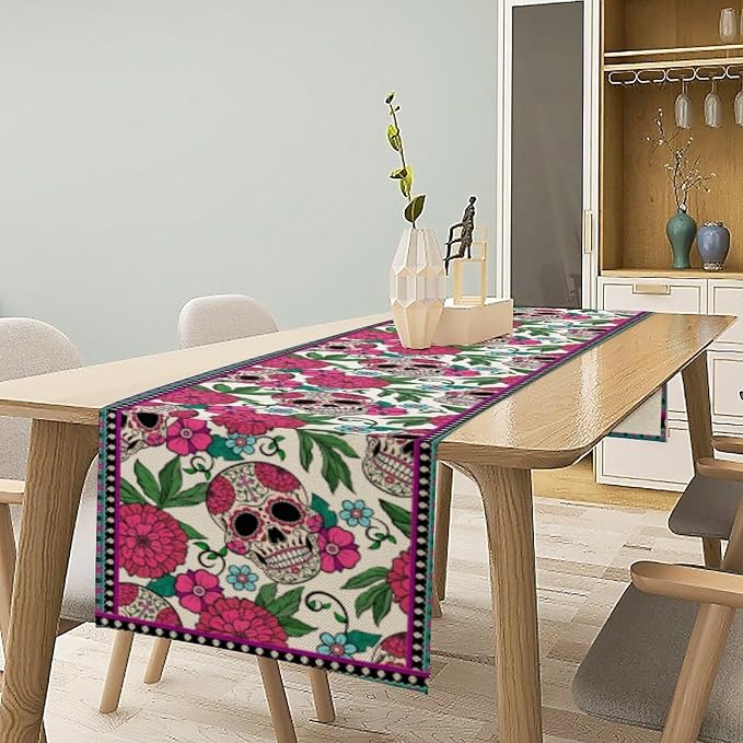 Dia De Los Muertos Table Runner Red Floral Cinco De Mayo Rustic Linen Mexican - Image 4