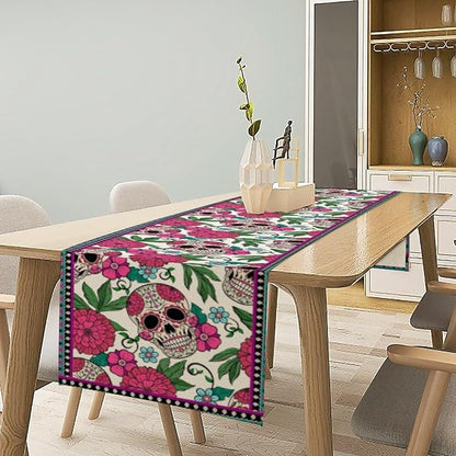 Dia De Los Muertos Table Runner Red Floral Cinco De Mayo Rustic Linen Mexican - Image 4