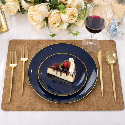 bUCLA 100PCS Blue Plastic Plates - Navy Blue Disposable with Gold Rim, Include 50 Each (10 inch Dinner & 7 inch Dessert) Plates, Ideal for Party and Hanukkah