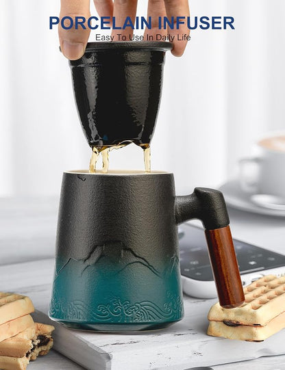 suyika Tea Cup with Infuser and Lid, 15.2 Ounce Wood Handle Ceramic Loose Leaf - Image 5