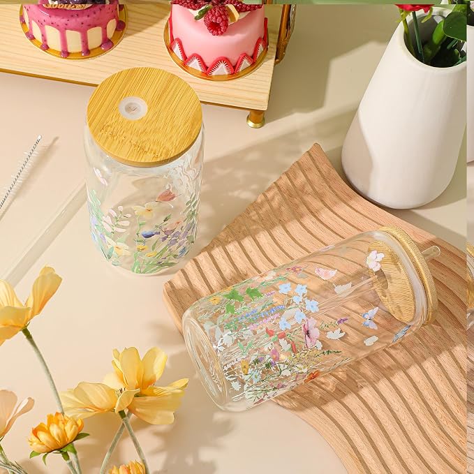 Mumufy 2 Pack Wildflower Glass Cups Gift Aesthetic Cute Glass Cup Tumbler - Image 5