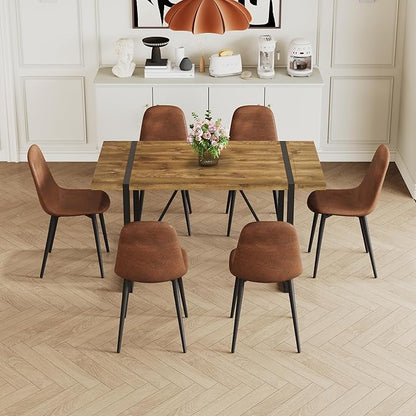 Dining Table Set for 6, Modern 55'' Dark Wood Dining Table and Fabric Dining Chairs Set of 6,Table and Chairs Set of 6,Ideal for Kitchen Dining Room