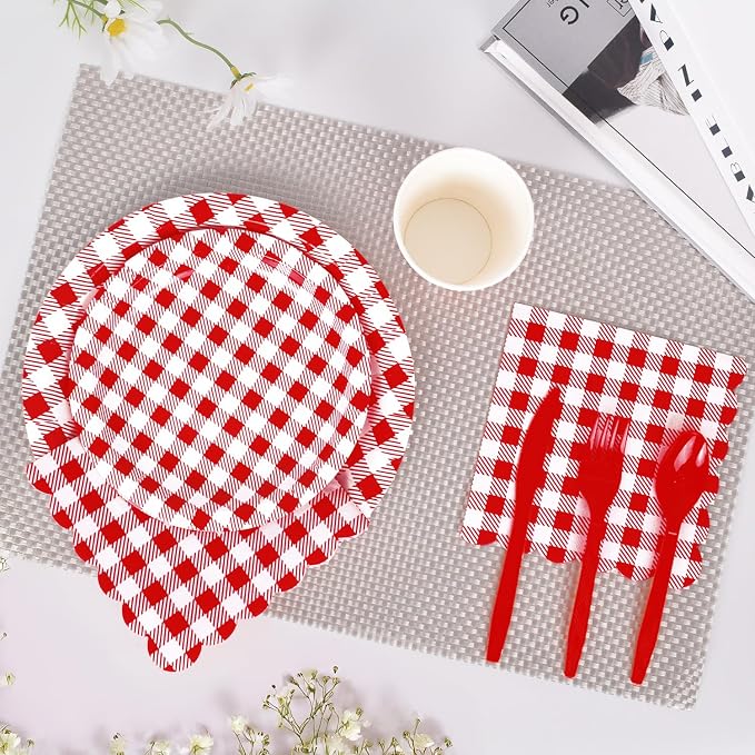 Vyntra Red Checkered Paper Plates and Napkins Set - Image 4