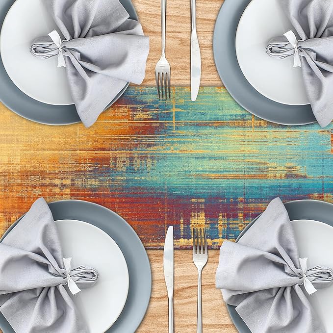 Small Table Runner Vintage Abstract Blue and Orange Table Runner Messy Rust - Image 4
